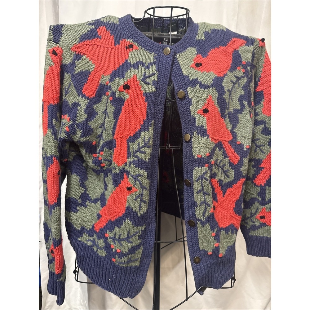 Vintage ORVIS Cardinal Cardigan Ramie Knit Christmas Sweater Blue Red Green M